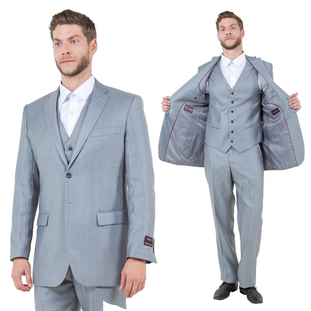 Modern Fit Sharkskin 3pc Men's Suit Set, Light Gray